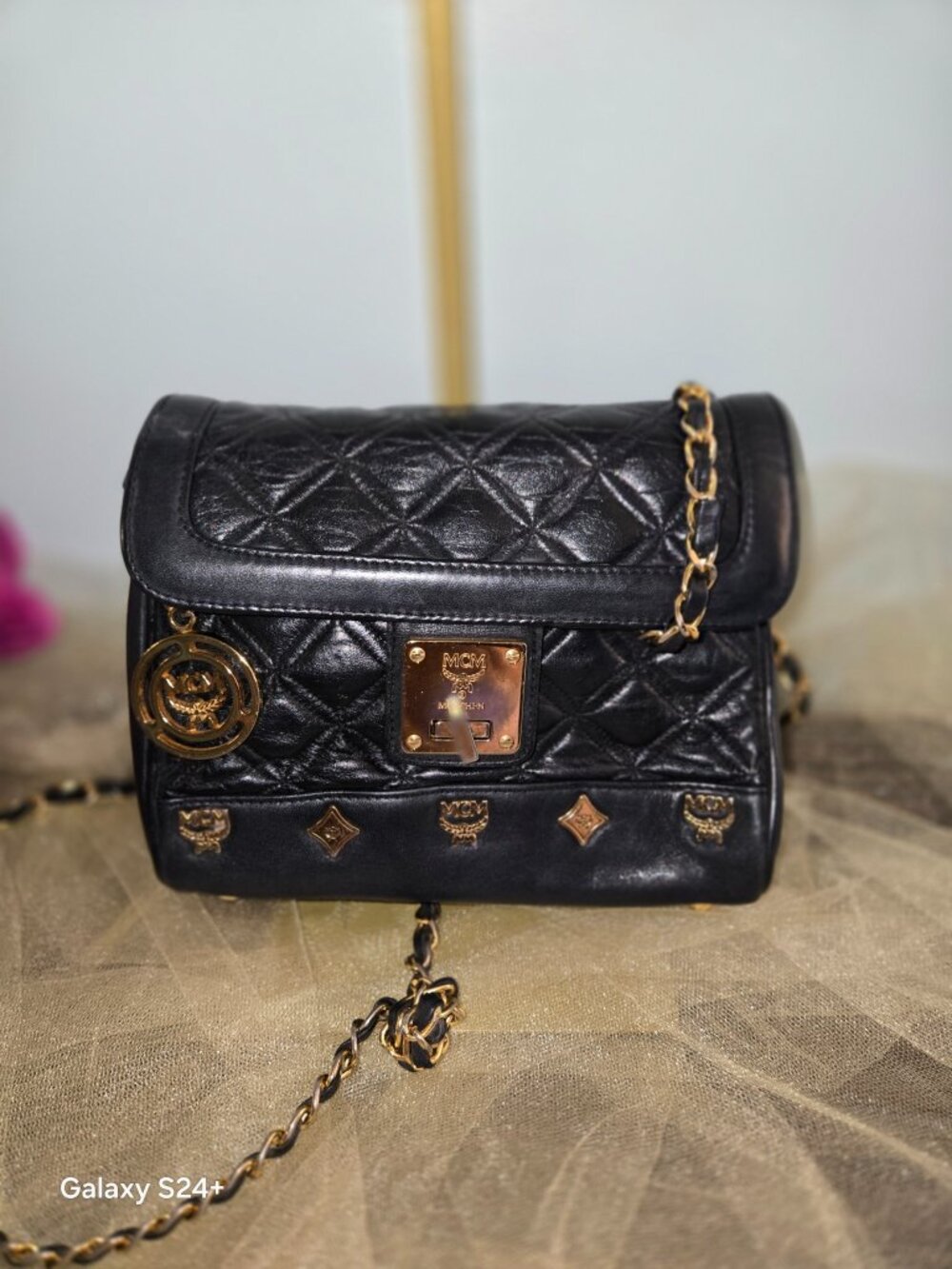 MCM Quilted Leather Chain Crossbody / Shoulder Bag – Black & Gold